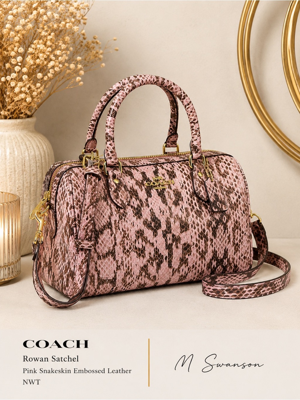 NEW Coach Rowan Pink Snakeskin Embossed Leather Satchel NWT